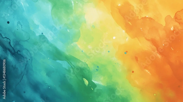 Obraz Watercolor splash background, vivid shades of teal, orange, and lime green blending dynamically, evoking summer vibes