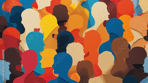 Obraz The image features a vibrant composition of human silhouettes in various colors, symbolizing diversity, community, and unity, with a modern, abstract aesthetic set against a soft, neutral background.