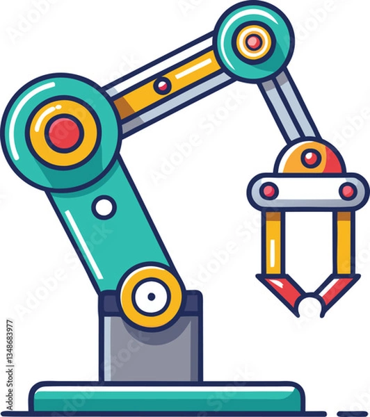 Fototapeta Industrial Robotic Arm with Gripper, A colorful industrial robotic arm with a gripper, representing automation, technology, and manufacturing in a vibrant design.
