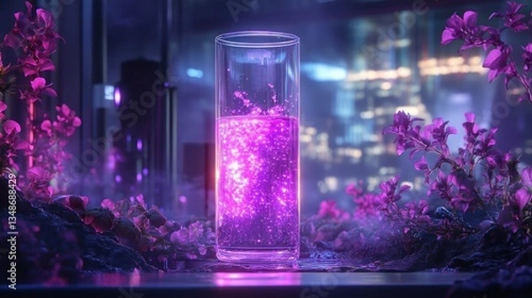 Obraz Neon Glow Liquid in Glass, Futuristic Lab Setting, Purple Flowers