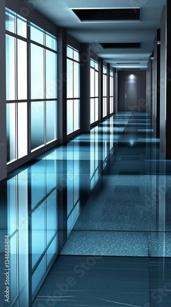 Fototapeta Modern office corridor, reflective floor, windows, light