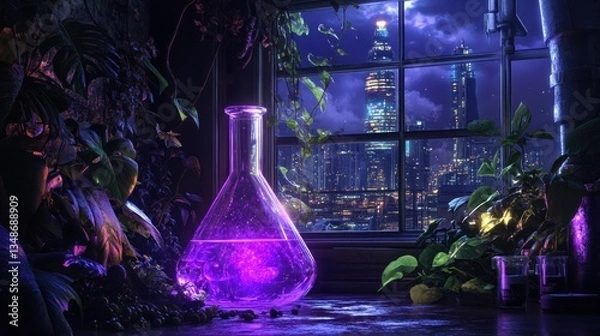 Obraz Mystical potion flask in a windowed laboratory at night