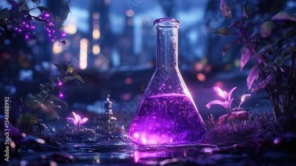 Obraz Magical flask in mystical forest at night with city lights