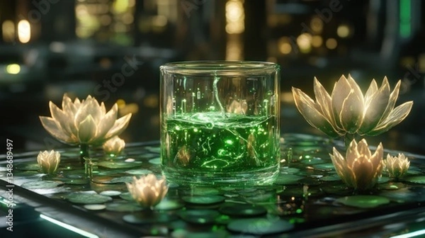 Obraz Futuristic lab, glowing lotus flowers, glass with green liquid,  abstract scientific scene