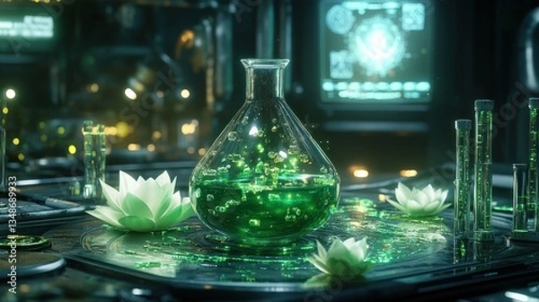 Obraz Futuristic lab experiment with glowing green liquid in flask, surrounded by lotus flowers, in a high-tech environment. Possible use Science fiction, fantasy, or digital art
