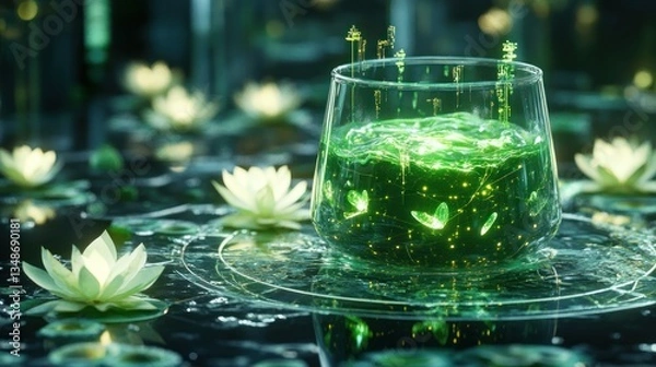 Obraz Glowing drink in glass, lotus pond, futuristic scene
