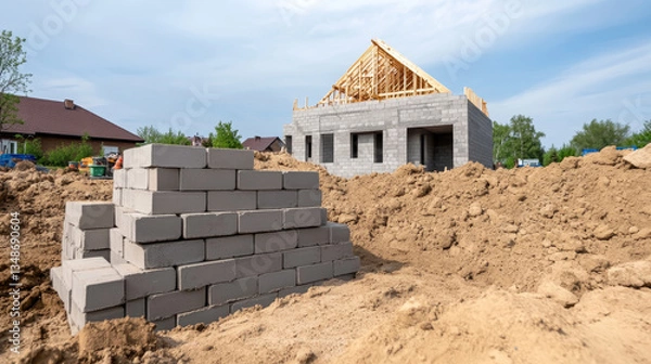 Fototapeta Construction site with masonry blocks and a house under development in a suburban area