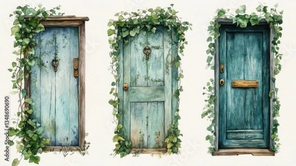 Obraz Watercolor classic farmhouse doors with brass knockers and ivy-covered walls. Three Rustic Teal Doors Overgrown with Ivy
