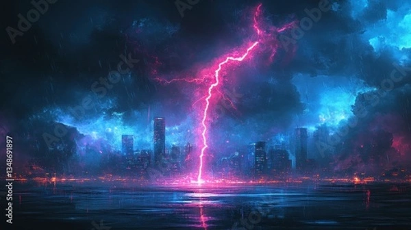 Obraz Night city storm, lightning strike, reflected cityscape, dramatic lighting