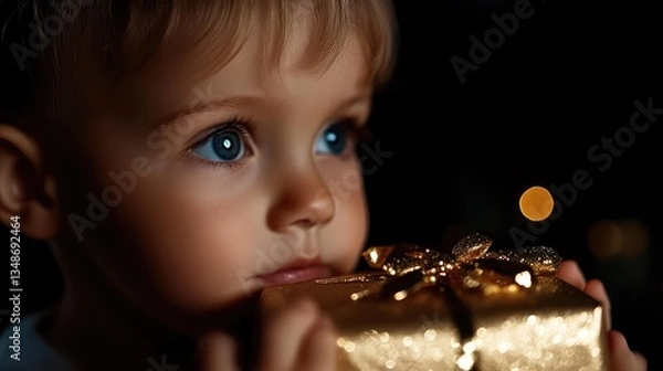 Obraz A child gazes intently at a golden gift box, anticipation filling their eyes