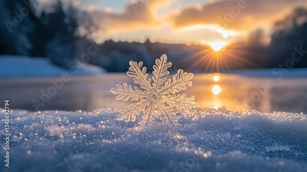 Obraz Crystal Snowflake on Snow at Sunrise over Frozen Lake