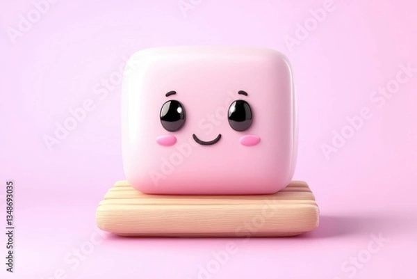 Obraz Cute pink cube shaped character, sitting on wooden stand