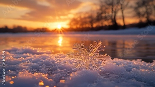 Obraz Frozen snowflake on snowy bank at winter sunset