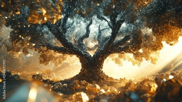 Obraz Mystical ancient tree, golden light, crystal ground, sunrise background