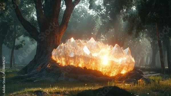 Obraz Enchanting crystal formation, bathed in sunlight, forest floor, mystical glow