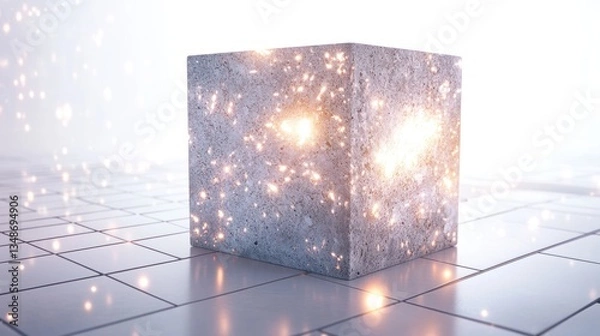 Obraz Illuminated concrete cube on tiled floor, futuristic background
