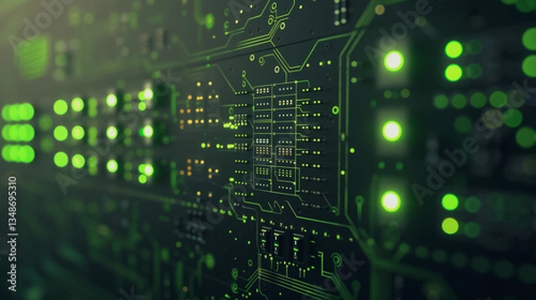 Fototapeta Circuit Board Illuminated: A close-up view of a modern circuit board with glowing green lights, highlighting the intricate technology.