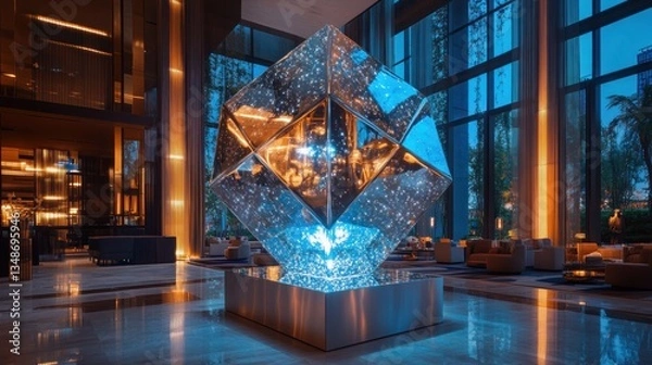 Obraz Modern art installation in a hotel lobby at night, showcasing a glowing crystal cube, with city view