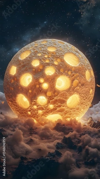 Fototapeta Spherical glowing object with craters, resembling a moon, floats above clouds in a starry night sky, emitting a warm golden light in a surreal, fantastical scene.