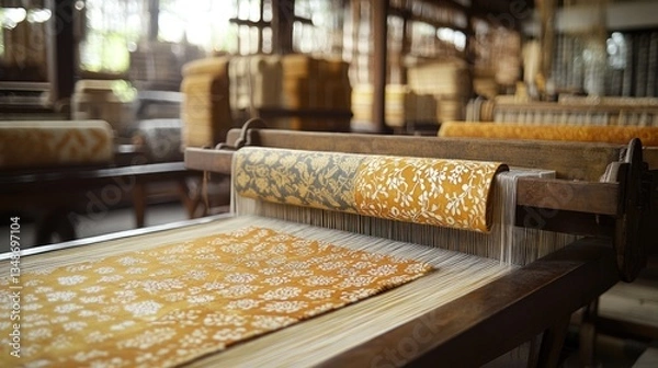 Obraz Traditional weaving loom, patterned fabric, artisan workshop, background of textiles