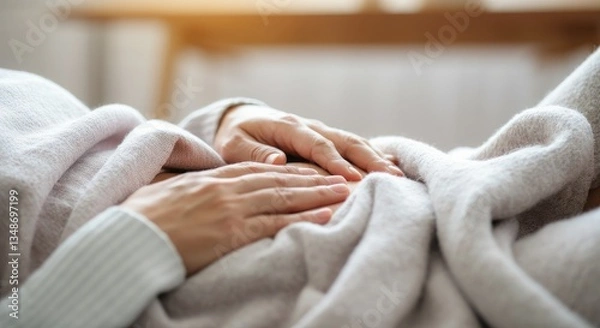 Fototapeta Close-up of person lying down under blanket, hands resting on belly