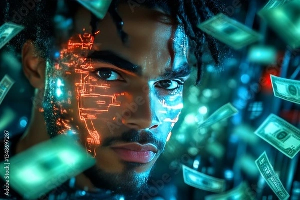 Fototapeta A young man surrounded by money notes. Generative AI