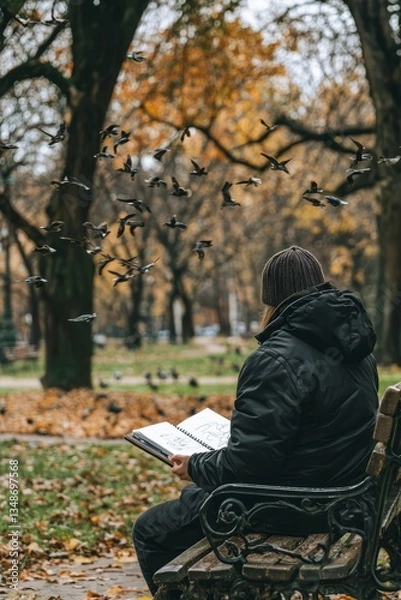 Fototapeta A person sits on a park bench, sketchbook in hand, drawing the scenery around them. Birds sing softly in the background 