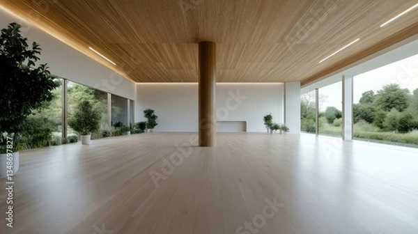Obraz Spacious, minimalist interior design with natural light and wood accents