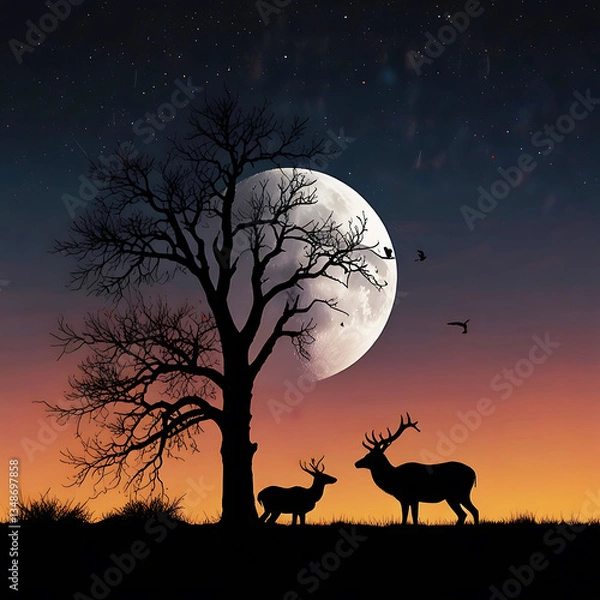 Obraz Silhouetted Antelopes with Full Red Moon