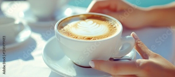 Obraz Outdoor cafe latte enjoyment, hands holding cup, blurred background, possible use for coffee shop ad