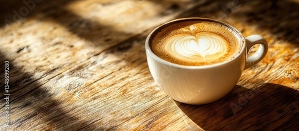 Obraz Latte Art on Wooden Table in Sunlight