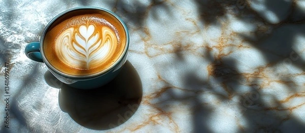 Obraz Latte art on marble table with dappled shadows
