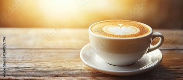 Obraz Latte art coffee cup on rustic wooden table in sunlight
