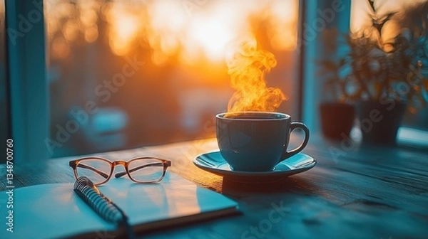 Obraz Cozy morning coffee at window with sunset view