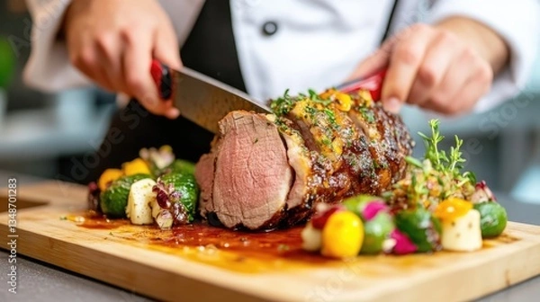 Obraz Chef carving roasted meat.  A professional chef expertly slices a succulent roasted meat dish, accompanied by colorful vegetables. The presentation is elegant and the food appears delicious