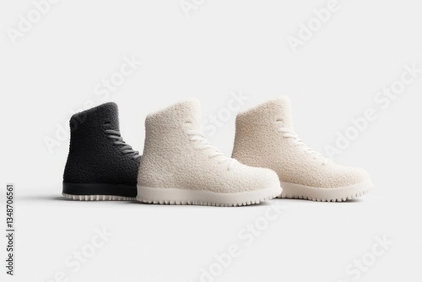 Obraz Stylish, high-top, fuzzy boots in black and cream.  A modern, comfortable, and trendy footwear style