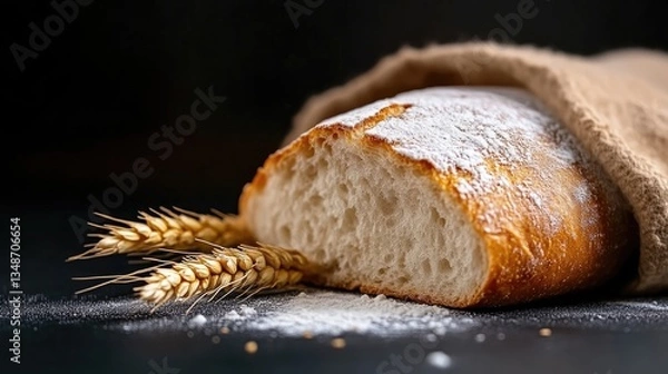 Obraz Freshly baked loaf of bread, dusted with flour, resting on a dark surface, draped in burlap