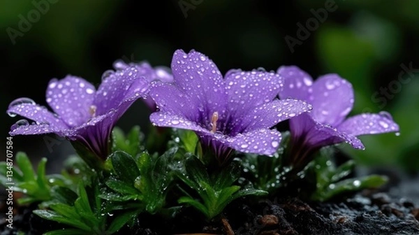 Obraz Delicate purple flowers covered in raindrops, showcasing vibrant petals and lush greenery