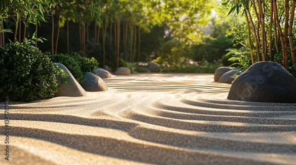 Fototapeta Zen garden with raked sand patterns, bamboo frames, calm text area