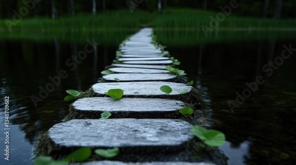 Obraz Tranquil wooden walkway over a still pond. Lush greenery flanks the path