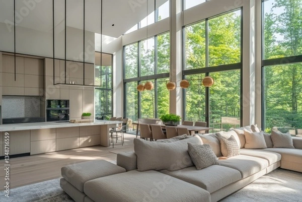 Fototapeta A contemporary open-concept living space with soft textured furniture, neutral tones, and a modern kitchen that seamlessly transitions into the