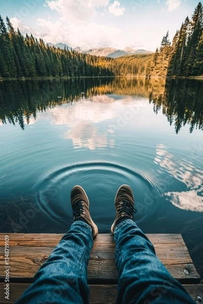 Obraz A person sits by a calm lake, feet dangling over the dock, watching the ripples. The sky reflects softly on the waterâ€™s surface 