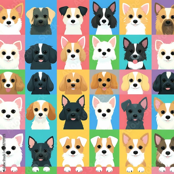 Fototapeta Group of sitting dogs in different breeds.Running, standing, sniffing, jumping dogs. Isolated on a white background.