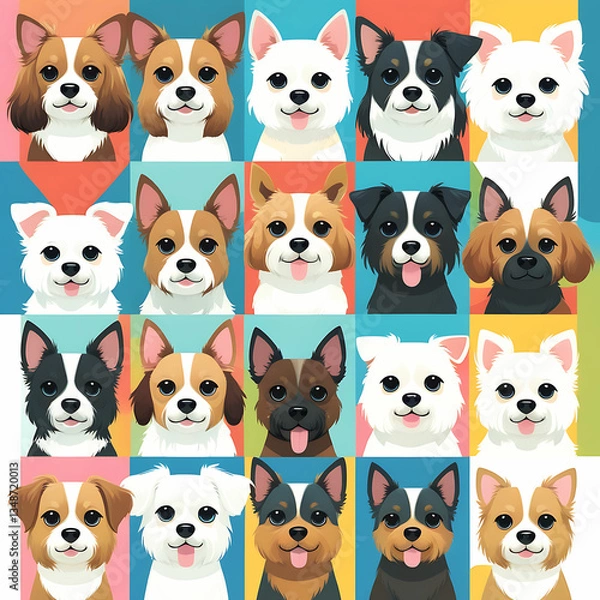 Fototapeta Group of sitting dogs in different breeds.Running, standing, sniffing, jumping dogs. Isolated on a white background.