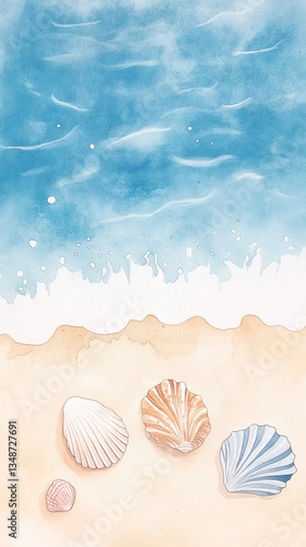 Fototapeta A serene watercolor depiction of seashells on a sandy beach with gentle waves and a bright blue sky.