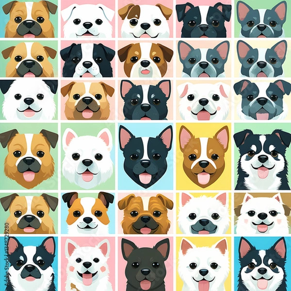 Fototapeta Group of sitting dogs in different breeds.Running, standing, sniffing, jumping dogs. Isolated on a white background.