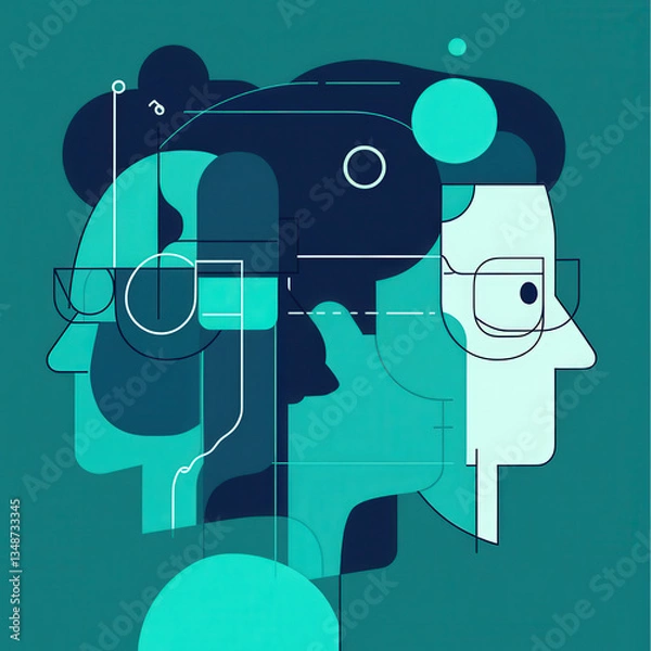 Fototapeta Abstract Profiles with Neural Designs and Natural Elements on a Teal Background