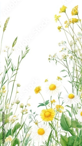 Obraz Watercolor wildflowers border on white