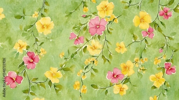 Obraz Delicate Pink and Yellow Flowers on Light Green Background