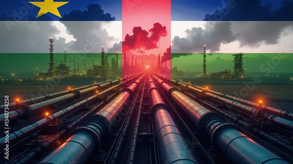 Obraz Oil pipelines leading to a refinery, overlaid with the Central African Republic flag. A concept of energy industry, fuel production, and economic power.